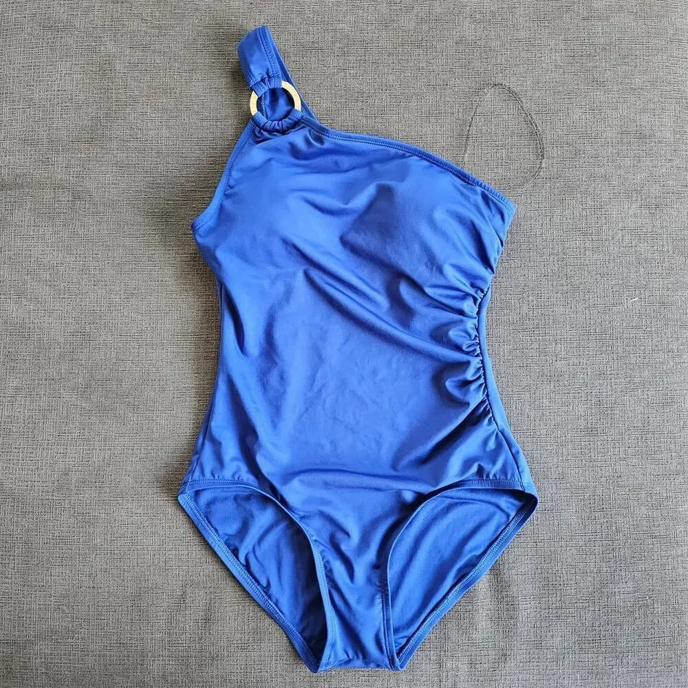 Michael Kors women's blue one-piece swimsuit gold logo ring one shoulder Size 10